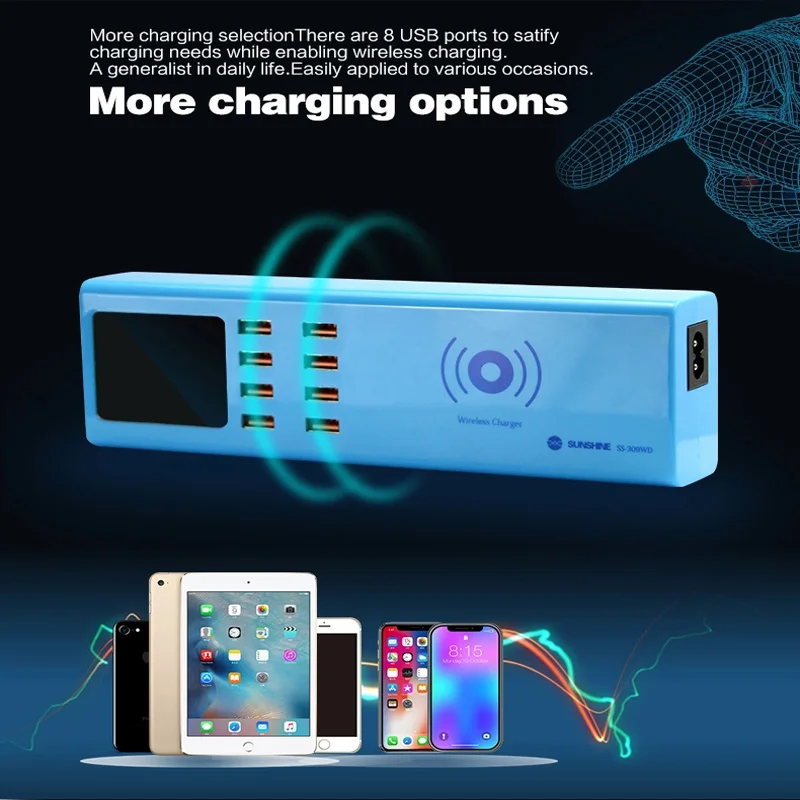 

Wireless Charger 8 USB Ports Charger SS-309WD 5V 1A Digital Display Charging Port for iPhone iPad Samsung Huawei Xiaomi Etc.
