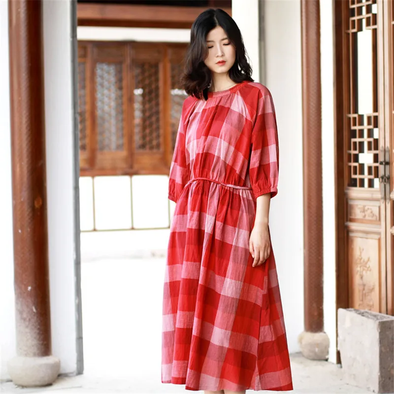 Red Plaid SCUWLINEN женское летнее платье винтажное повседневное классическое клетчатое с круглым вырезом рукав три четверти Плюс Размер Свободное льняное платье S929 - Цвет: Red Plaid