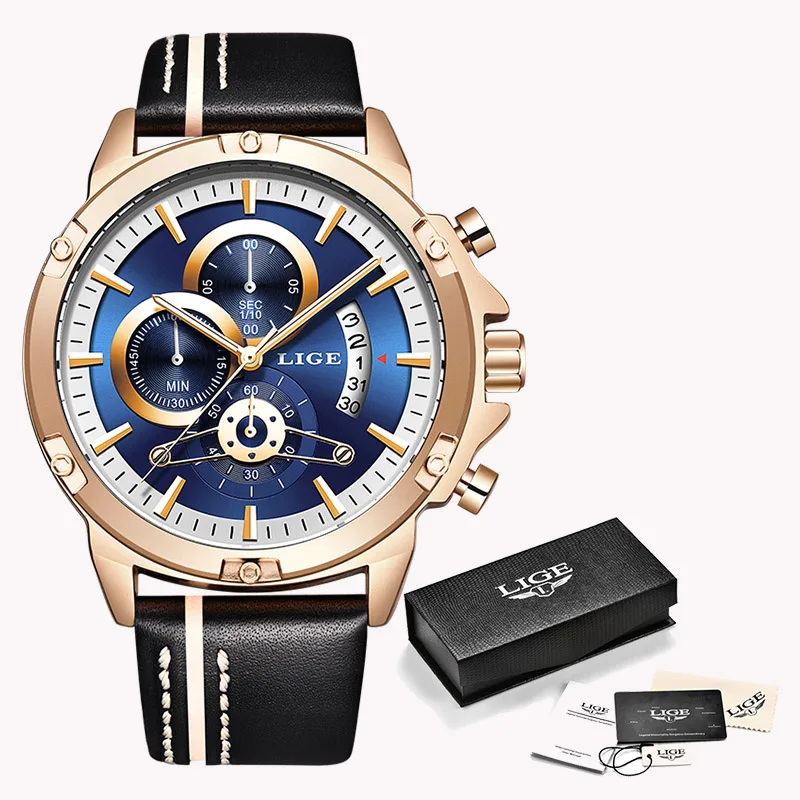 

LIGE Men's Watches Top Brand Luxury Men Military Sport Watch Multi-Function Waterproof Wrist Leather Watch Relogio Masculino+Box