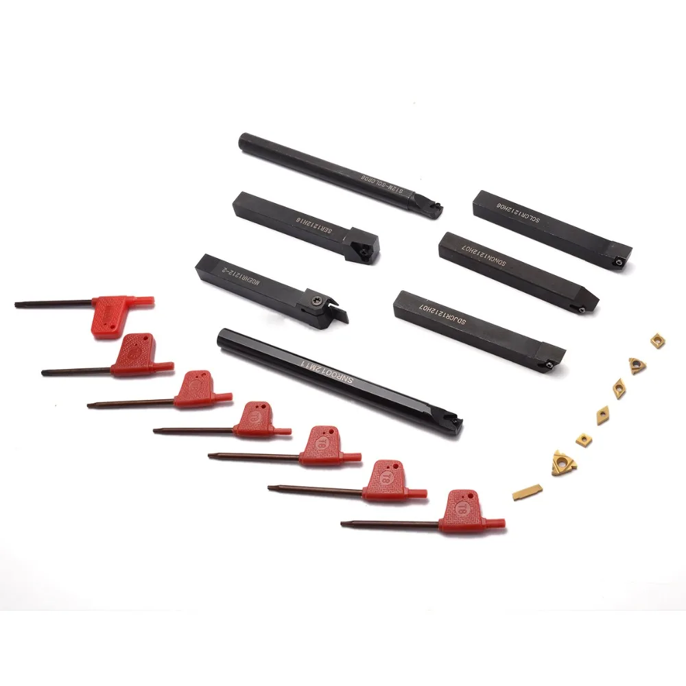 

7pcs Turning Holder Boring Bar + 7pcs Carbide Inserts Blades Lathe Tool Set For Power Tool