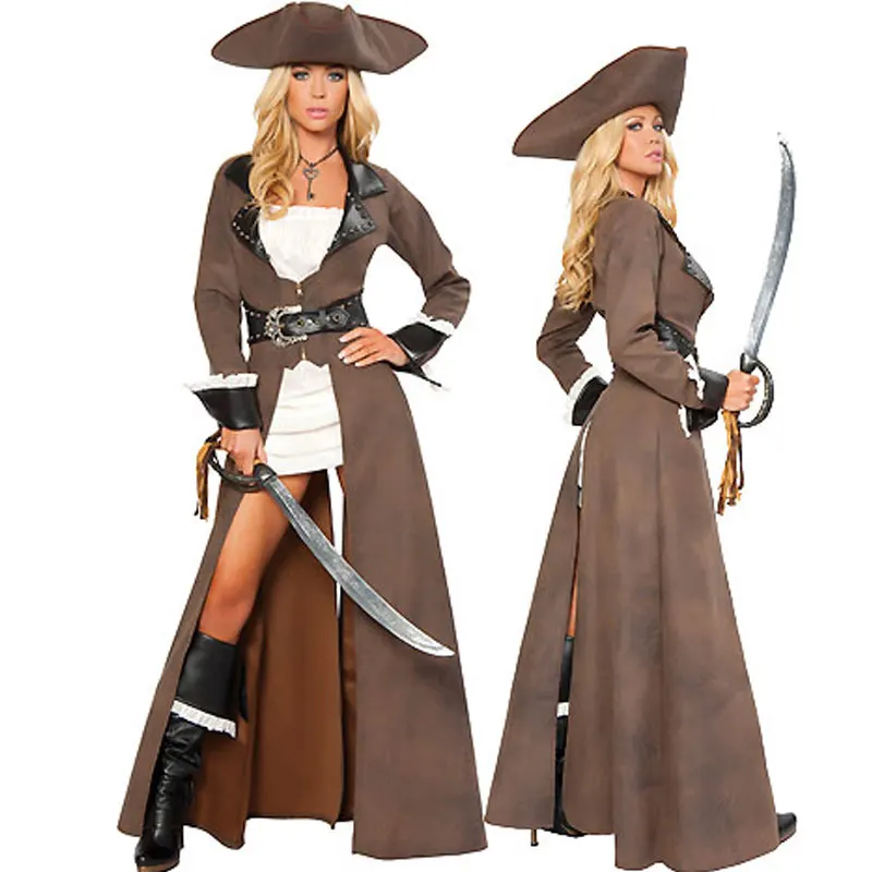 

The Caribbean captain of pirate costume,faux leather pirate costume with long leather coat for women w1193