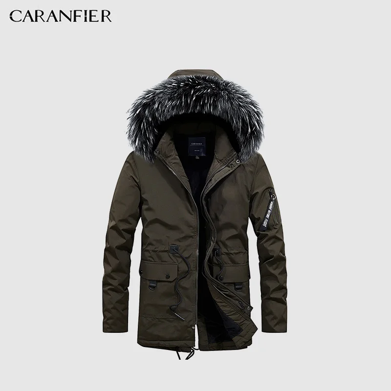 CARANFIER Зимние новые мужские парки, хлопковое пальто, длинная Молодежная Новая мужская хлопковая куртка, хлопковая куртка с капюшоном и воротником в виде гривы