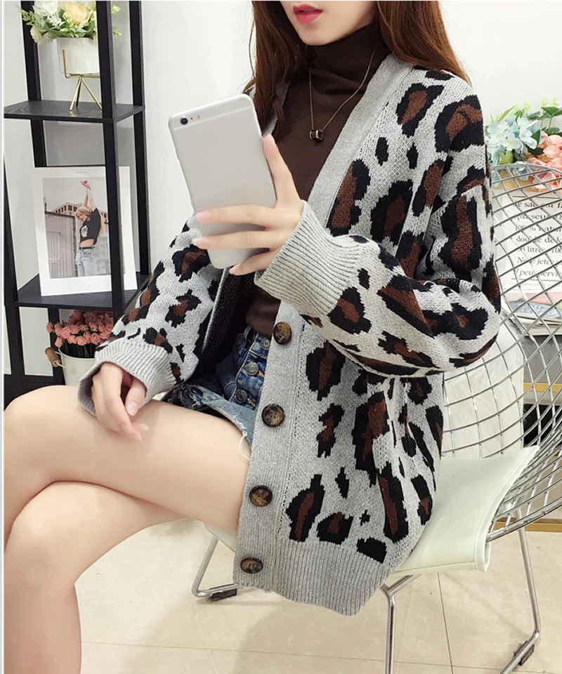 light grey Корейский большой свитер с леопардовой раскраской, женский Кардиган с длинным рукавом, вязаный свитер, женские зимние Джемперы, женский кардиган casaco feminino - Цвет: light grey