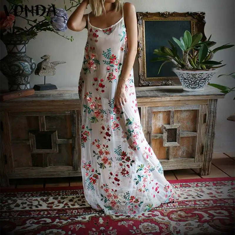 

VONDA Women Bohemian Dress 2019 Summer Sexy Transpare Sleeveless Floral Print Vestido Holiday Spaghetti Strap Dress Plus Size