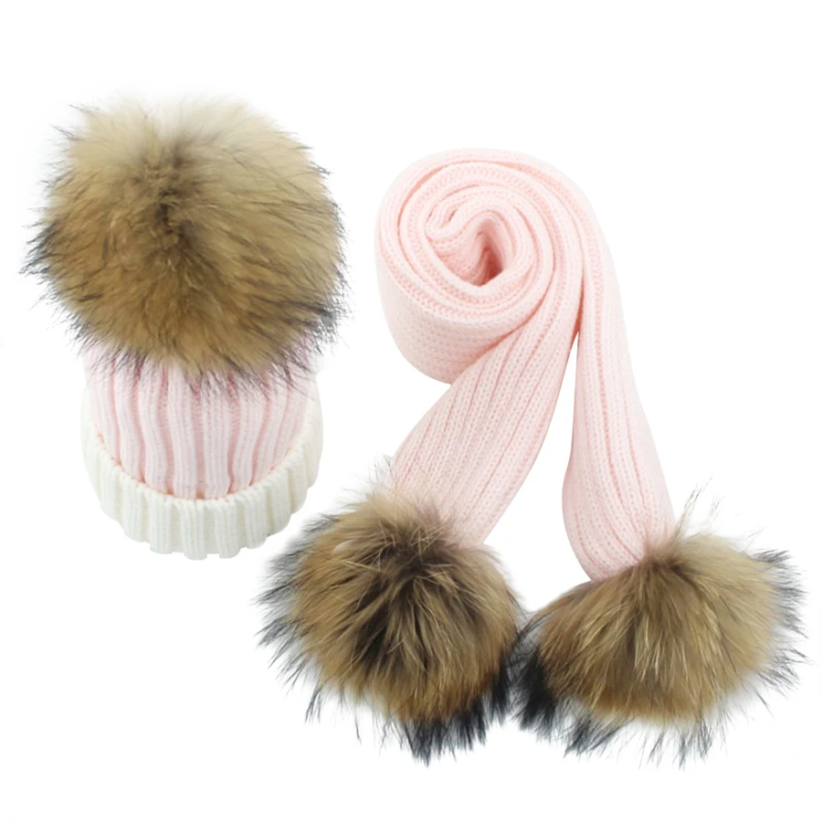 Детский вязаный шарф и шапка, роскошный зимний теплый вязанный головной убор и шарфы с настоящим мехом, шапка с помпоном для мальчиков и