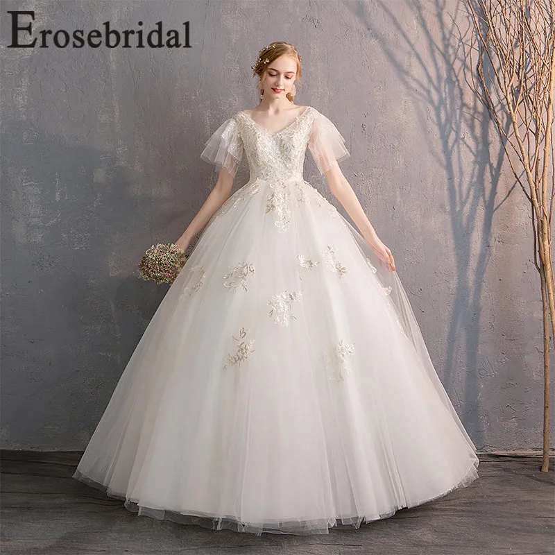 

Erosebridal New arrival 2019 V-Neck Wedding Dress Lace Wedding Gown Lace up Bride Dress Floral Print Women Dress Custom Made
