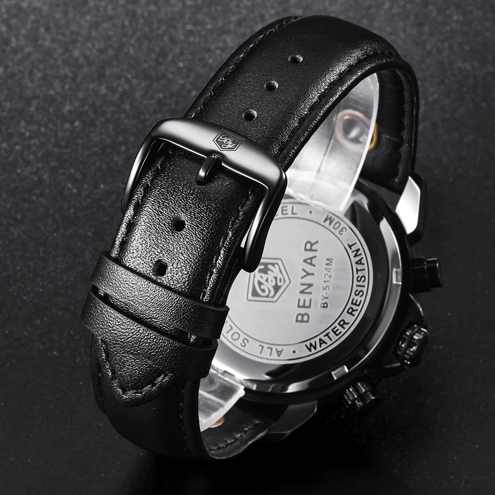 BENYAR Мода 5124 м спортивный хронограф часы для мужчин Moon Phase Топ Кожа Скелет кварцевые часы Поддержка прямой доставки водонепроница