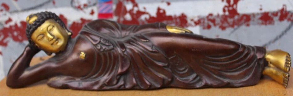

xiuli 002755 12" Tibet Buddhism Bronze Gilt Sleep Rest Shakyamuni Sakyamuni Buddha Statue