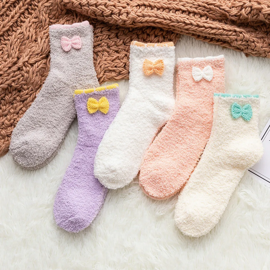 Женские мягкие теплые носки Calcetines Mujer Флисовые Тапочки с бантиком большие