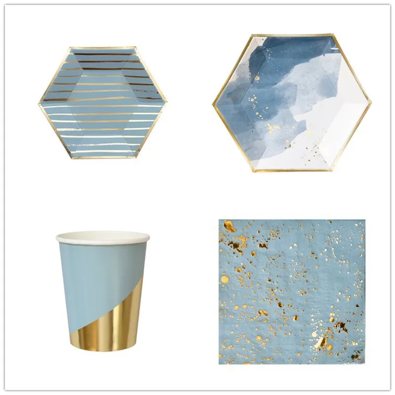 cheap 8pcs Gold Blue Foil Cloud Disposable Tableware Set Gold Blue For Wedding Birthday Decoration Paper Plate Cups Party Supplies