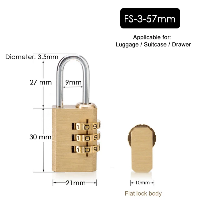 NAIERDI Высокая безопасность твердая латунь анти-Блокировка сверла цифровая комбинация пароль замок Путешествия багаж код чемодан с висячим замком замки - Цвет: FS-3-57MM