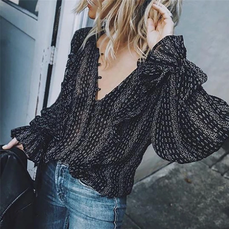 

XXXL Plus Size Retro Boho Black Chiffon Women Shirts Casual Long Sleeve V-Neck Striped Sexy Loose Shirt Womens Blouses and Tops