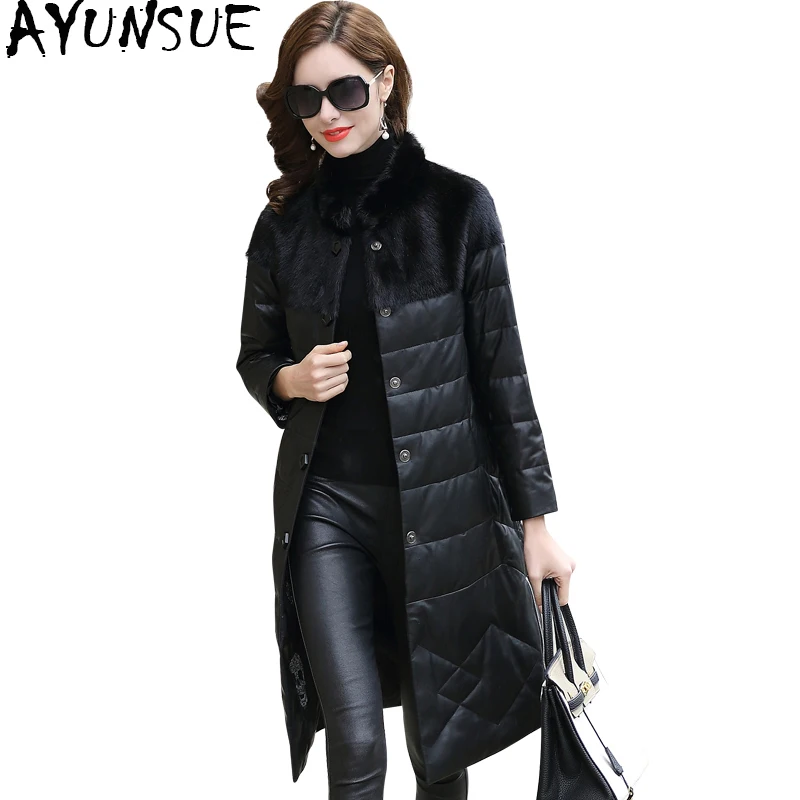 

AYUNSUE Women Genuine Leather Jacket Winter Down Jackets Natural Mink Fur Collar 2019 Long Real Sheepskin Coat Female BT7300