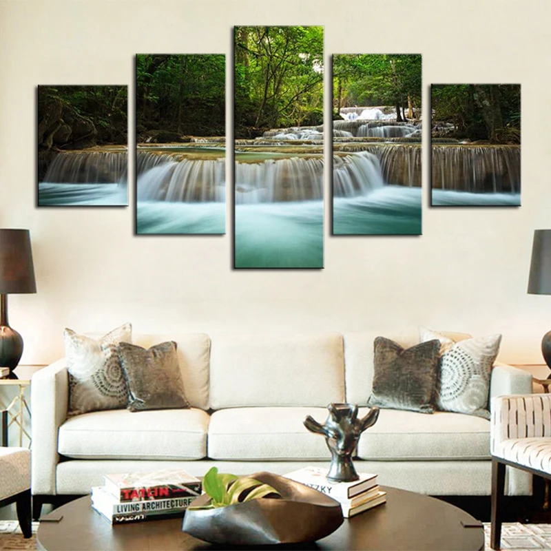 Canvas Wall Art Waterfall Lake Nature Painting Modern Large Artwork Contemporary Pictures Green Trees Forest Decoration | Дом и сад