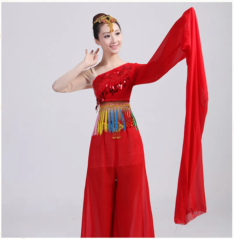 Chinese red water sleeves costumes Classical dance clothing long sleeves fan Poetry fairy costume fan dance stage performance