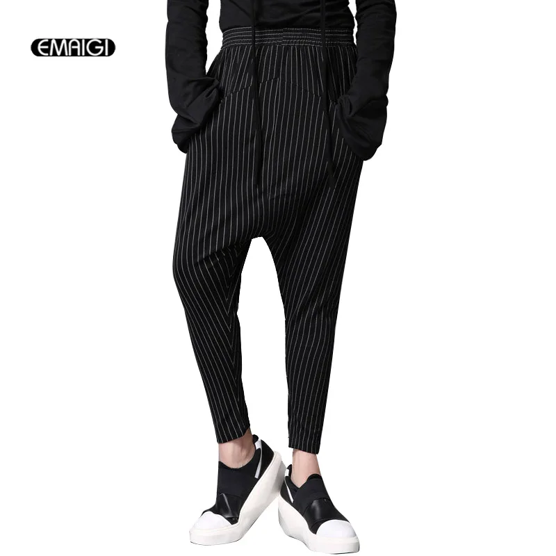 

Men Stripe Harem Pant Gothic Punk Fashion Casual Cross Pant Men Low Crotch Elastic Waist Trousers