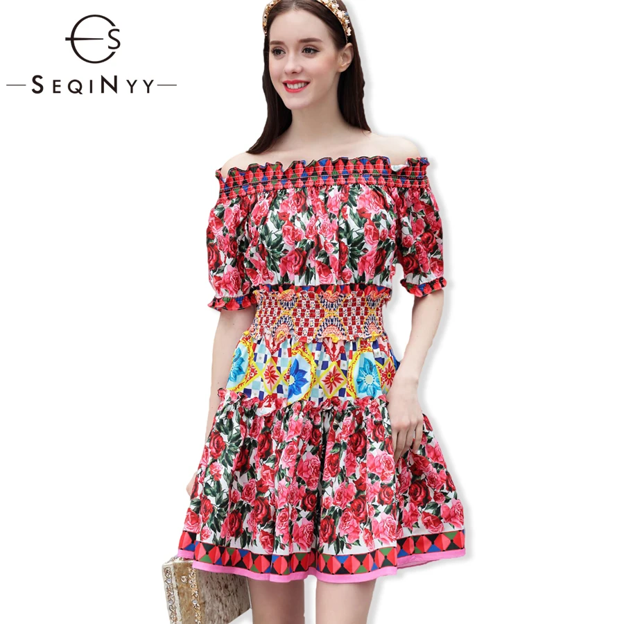 

SEQINYY Fashion Summer Dress 2018 New High Street Elastic Slash Neck Short Lantern Sleeve Mini Rose Flowers Printed Dress