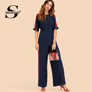 Sheinside Navy Striped Side Work Elegant Wide Leg Jumpsuit Office Ladies Half Sleeve High Waist 2018 Autumn Women Jumpsuits Sheinside Navy Striped Side Work Elegant Wide Leg Jumpsuit Office Ladies Half Sleeve High Waist 2018 Autumn Women Jumpsuits