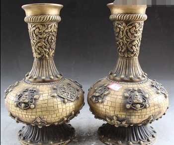 

xd 002798 12"Bronze 8 Auspicious Symbol Sakyamuni Tathagata Buddha Flower Vase Pair Statue