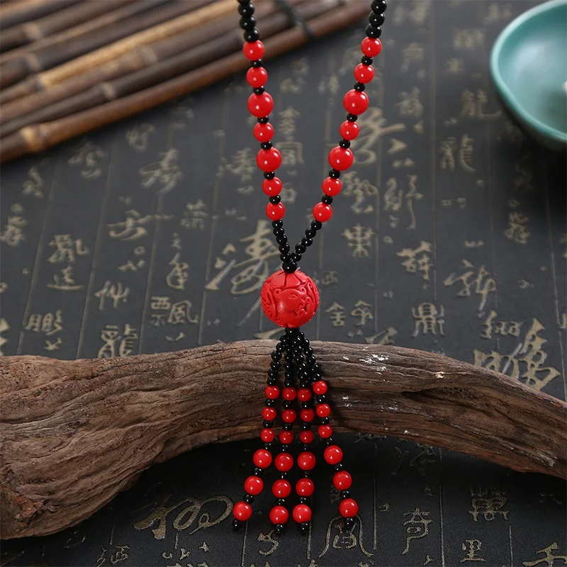 Красный киноварь резной счастливый кулон ожерелье цепь из бисера Подвески ожерелье s женские ювелирные изделия пересылка подарок - Окраска металла: round bead