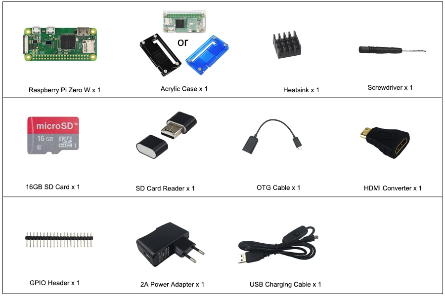 Raspberry Pi Zero W стартовый комплект + акриловый чехол + 2A блок питания + вкл/выкл USB кабель + 16 32 ГБ SD карта + HDMI кабель + охлаждающая плита