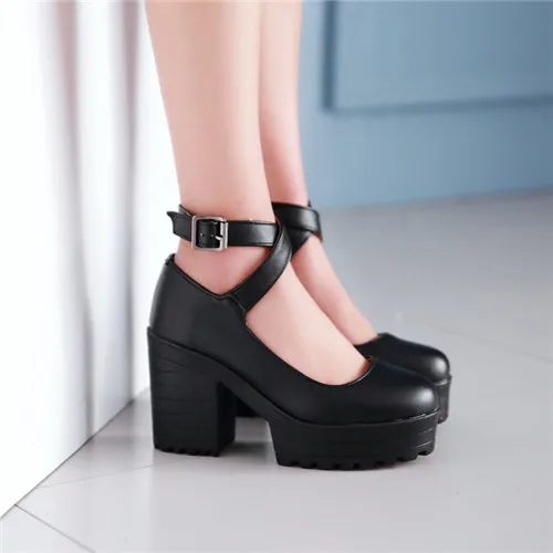 

Hot 2019 Autumn Vintage Womens Chunky Block High Heel Platform Ankle Strap Buckle Pumps Punk Shoes Plus Size Black White