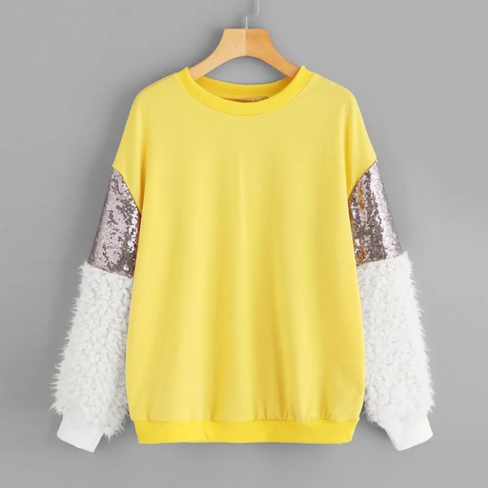 

Multicolor Contrast Cut and Sew Sequin Sweatshirt Casual Colorblock Long Sleeve Pullovers Women Spring Autumn Sweatshirts
