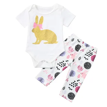 

Newborn Infant Baby Girl Easter Bunny Outfits Romper Tops+Floral Pants Set Bunny Outfits set Rabbit Print HOOLER