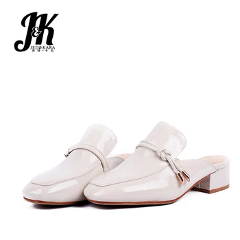 

JK Pu Thick Med Heels Pumps Women Square Toe Footwear Metal Decoration Mules Shoes Female Slip-Up Shoes Woman 2019 Spring New