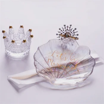 

Exquisite Shell Glass Dish MINI Dessert Snack Plate Jewelry Storage Tray Pen Props Cherry Small Dish Crown Home Decor Ornaments