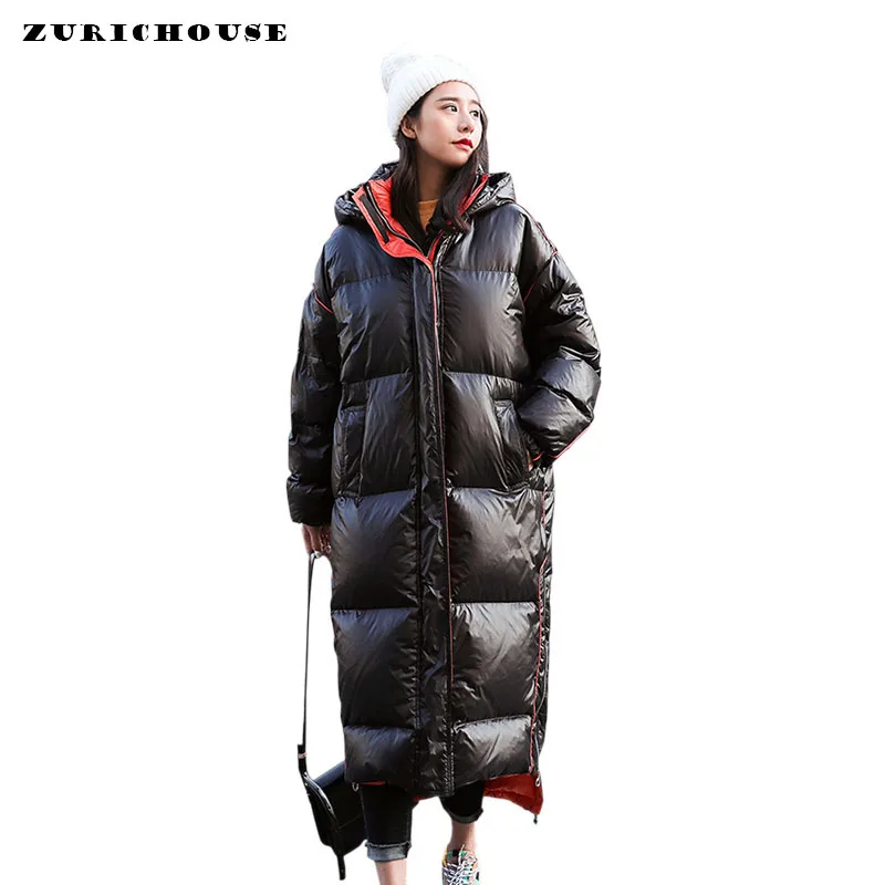 

ZURICHOUSE 2019 Winter Jacket Woman Long Quilted Coat New Large Size Hooded Thicken Warm Outerwear Glossy Winter Parka Female
