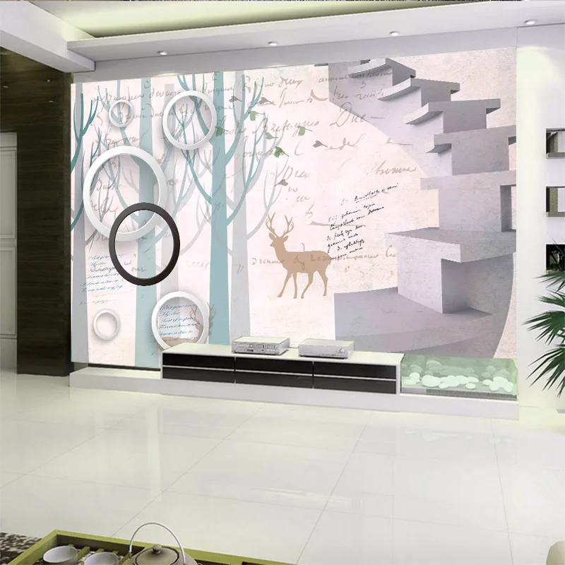 

European style warm color wallpaper abstract trees elk 3d circle space extension stair silk mural wallpaper household wall decor