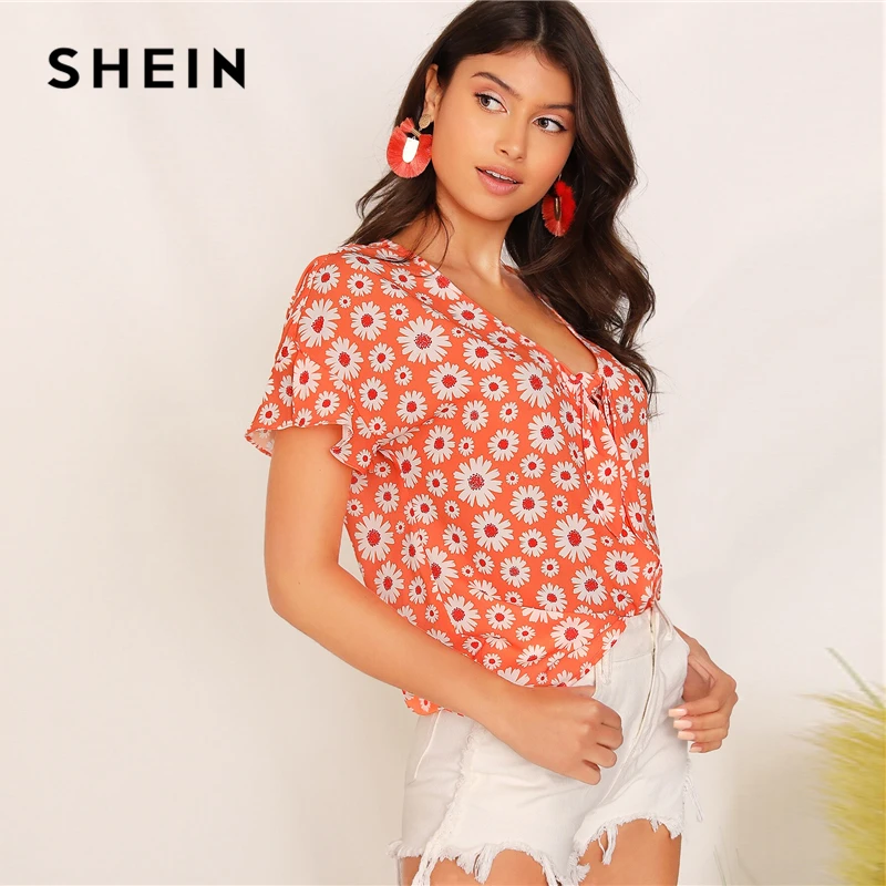 SHEIN, оранжевый топ с завязками на шее, цветочный принт, блузка, женские богемные топы,, с рюшами, короткий рукав, v-образный вырез, летние блузки