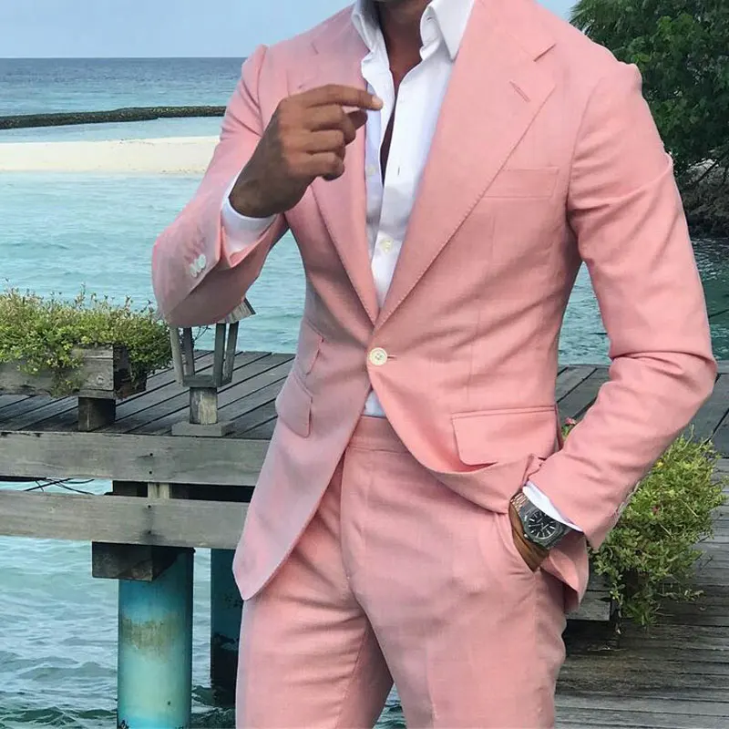 Summer Pink Linen Men Suits Set Wedding Tuxedo for Groom Wear 2 Piece Suit Man Costume Homme Slim Fit Terno Masculino Prom Party