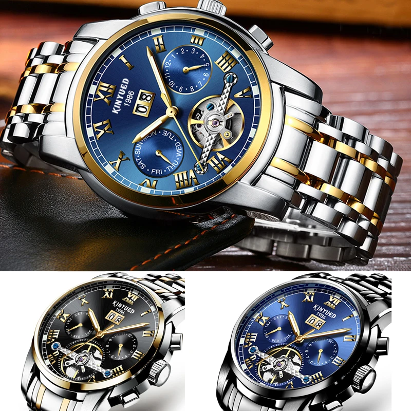 KINYUED رجل الأعمال الساعات الفاخرة أعلى العلامة التجارية التلقائي الميكانيكية ووتش الرجال الفولاذ المقاوم للصدأ للماء Relogio Masculino