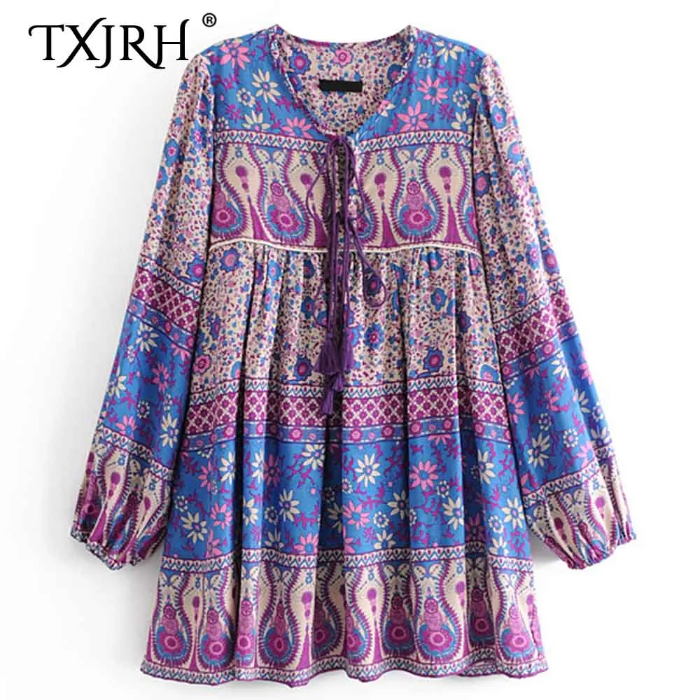 

TXJRH Fashion Bohemian Ethnic Floral Print Blouse V-Neck Tied Bow Tassel Long Sleeve Loose Shirt Vintage Women Tops 3 Colors