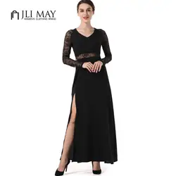 JLI может Для женщин длинные кружевное платье черная одежда sexy v-образным вырезом Длинные рукава макси сплит осень Формальные Элегантные