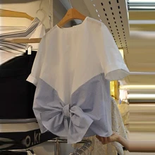 Лето новая полосатая футболка с бантом пэчворк harajuku