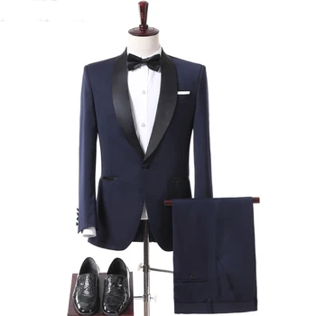 

Navy Blue Wedding Groomsmen Tuxedos for Groom Wear Black Shawl Lapel Two Piece One Button Business Men Suits Jacket Pants