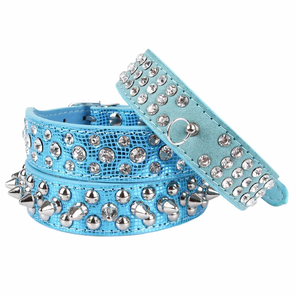 Blue Big Dogs Collars Spiked Rhinestone Animals Supplies For Cat Collar
