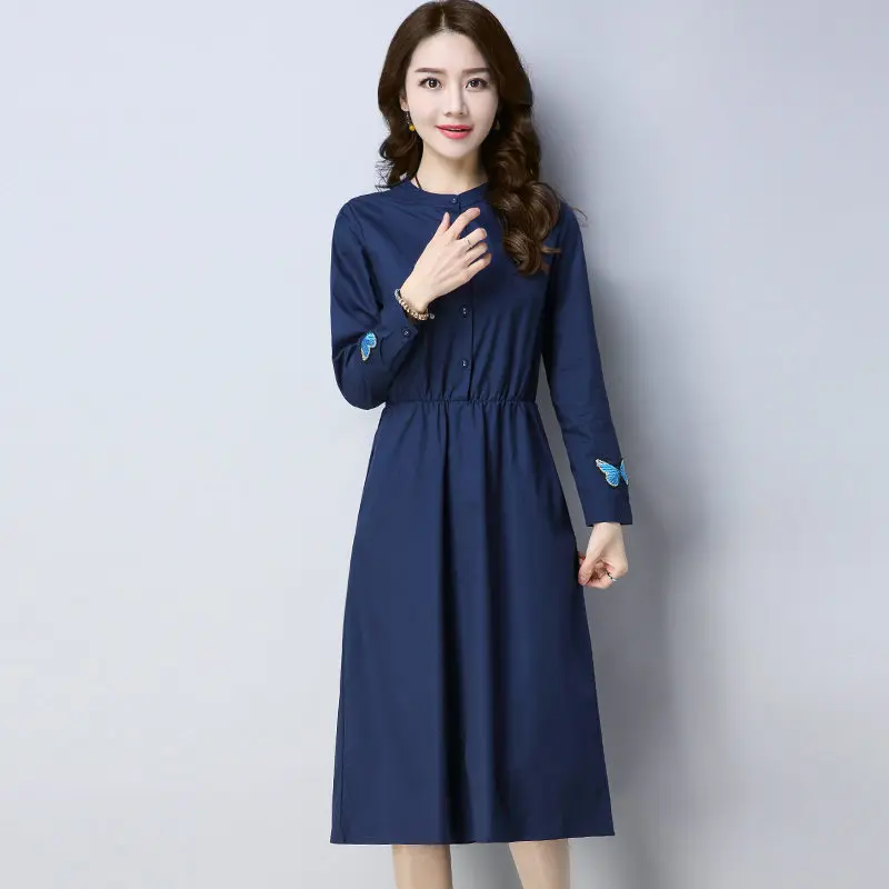 Осенне-весеннее женское платье, модные облегающие платья с эластичной резинкой на талии и вышивкой, платья с длинными рукавами, повседневная женская одежда ZY397 - Цвет: Navye blue
