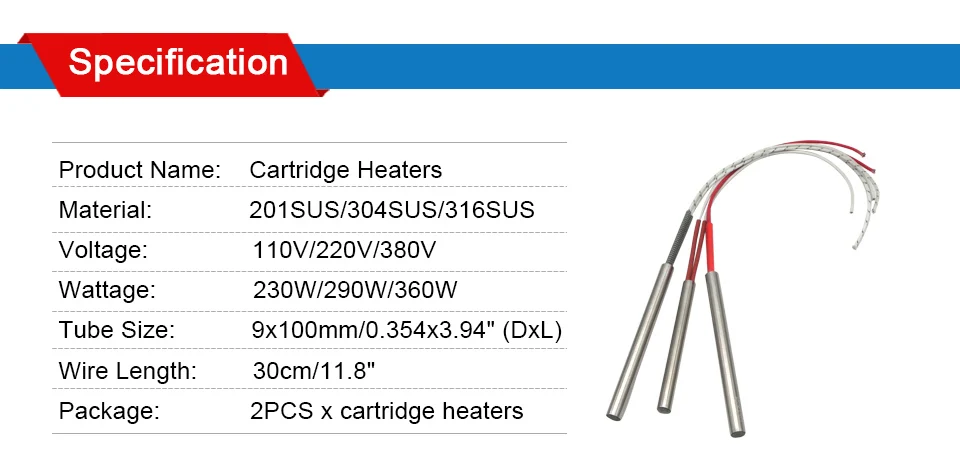 LJXH Плесень Отопление Электрический для нагрева 100 мм длина трубки 9 мм/0,354 "диаметр. Картридж Нагревательный элемент AC110V/220 V/380 V 230 W/290 W/360 W