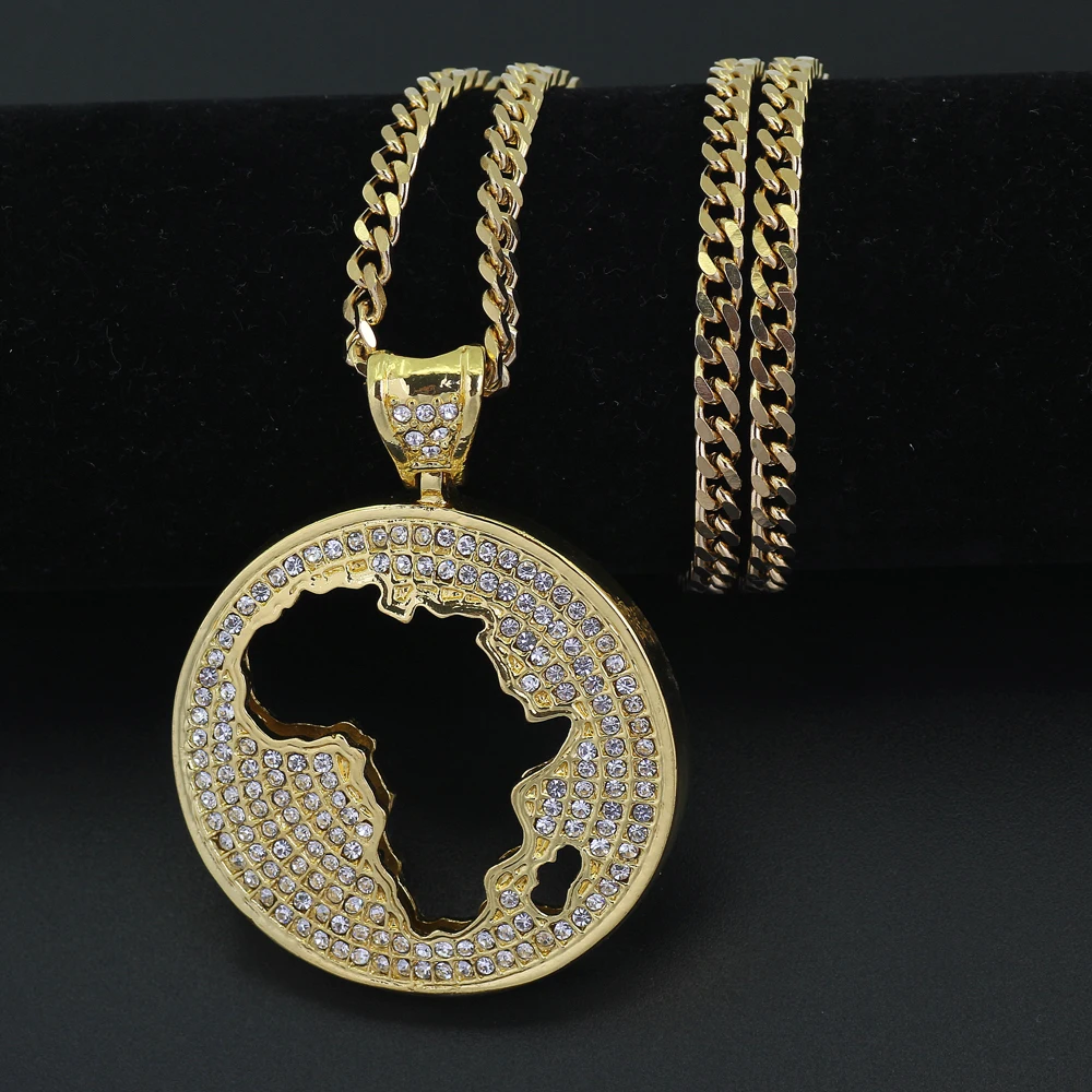 

New Fashion Round Crystal Africa Map pendant Hip hop Necklace Jewelry 30inch stainless steel cuban chain N624