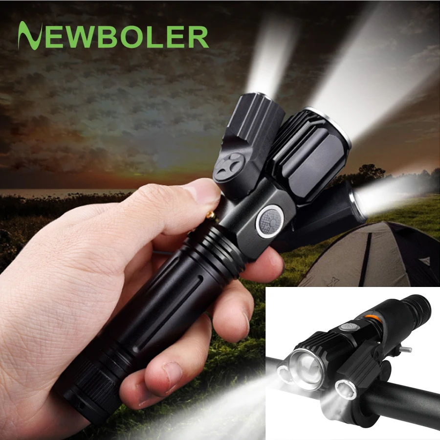 

NEWBOLER Adjust Angle Bicycle Lights MTB Bike Front Light 3 LED T6 Flashlight USB Charge Cycling Lamp With 18650 Battery Torch