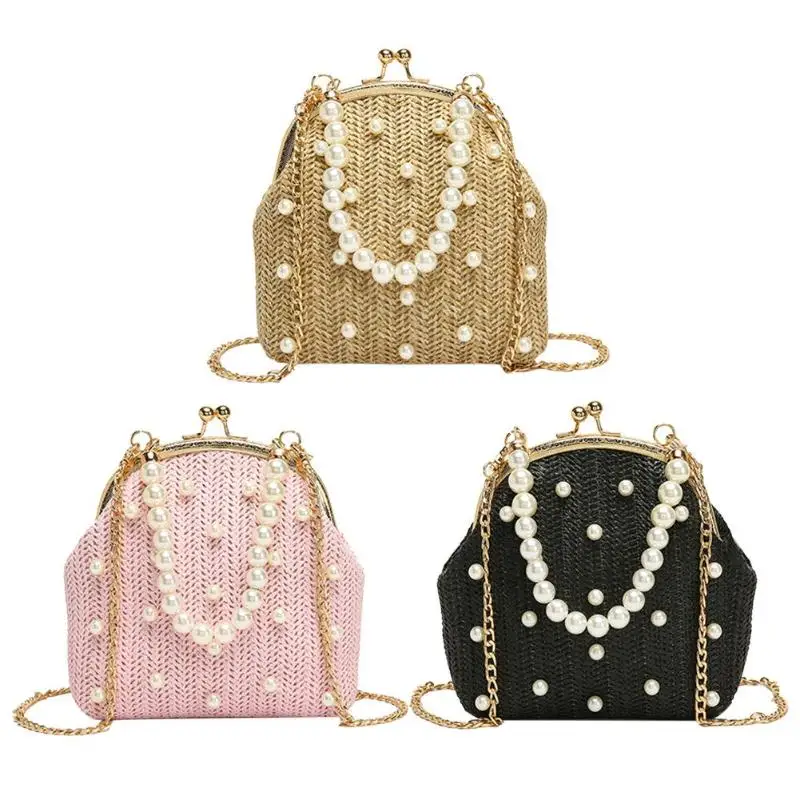 

Straw Woven Shoulder Messenger Handbags Women Pearls Decor Snap Chain Small Crossbody Bags for Ladies Travel Totes 2019 New