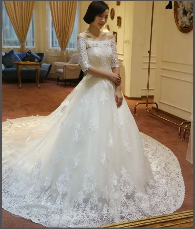 Лодка шеи с коротким рукавом и аппликацией Роскошные кружева vestido de noiva невесты трапециевидной формы рукав-крылышко louisvuigon для матери невесты платья