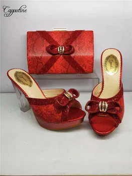 

Wonderful red high heel lady sandal shoes and clutch handbag set with rhinestones GY23, heel height 10cm