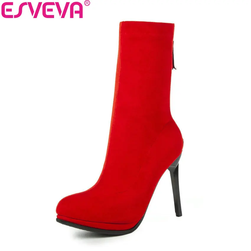 

ESVEVA 2019 Women Boots Zipper Sewing Thin High Heels Mid-calf Boots Pointed Toe Flock Winter Autumn Shoes Woman Size 34-43