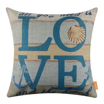 

LINKWELL Accent Pillow Cover 18"x18" All you Need is Love and the Beach Quote Burlap Anchor Seastar Cushion Cover Shell Print