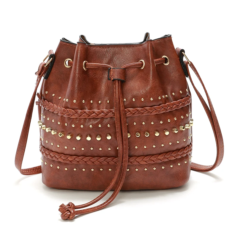 Gykaeo, роскошные сумки, женские сумки, дизайнерские, повседневные, ведро, сумка на плечо, для девушек, из искусственной кожи, заклепки, сумки-мессенджеры, Bolsa Feminina - Цвет: Light Brown